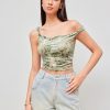 Women's Mesh U Neck Floral Ruched Crop Cami Top