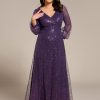 Women's A-Line V Neck Sheer Long Sleeves Plus Size Sequin Formal Dress 01999-DA