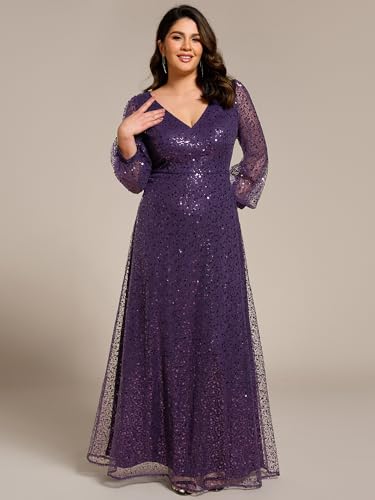 Women's A-Line V Neck Sheer Long Sleeves Plus Size Sequin Formal Dress 01999-DA