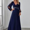 Women's V Neck Long Sleeves Floor Length Ruched Chiffon Formal Dress 00461