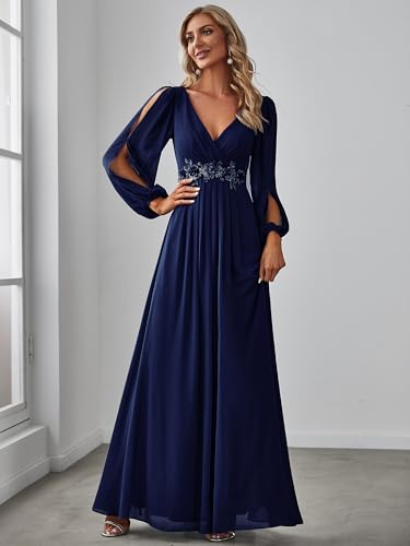 Women's V Neck Long Sleeves Floor Length Ruched Chiffon Formal Dress 00461