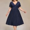 Women's V Neck Short Sleeves A Line Glitter Midi Plus Size Formal Wedding Guest Dresses