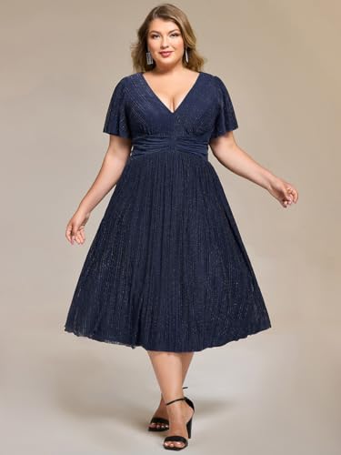 Women's V Neck Short Sleeves A Line Glitter Midi Plus Size Formal Wedding Guest Dresses