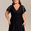 Women's Summer V Neck Short Ruffles Sleeves Lace Midi Plus Size Cocktail Party Formal Dresses