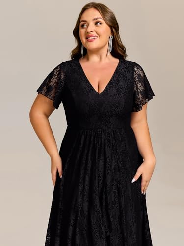 Women's Summer V Neck Short Ruffles Sleeves Lace Midi Plus Size Cocktail Party Formal Dresses