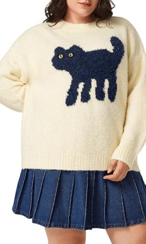 Women’s Cat Sweater Long Sleeve Crew Neck Fun Graphic Cute Patterned Pullover Sweater Tops