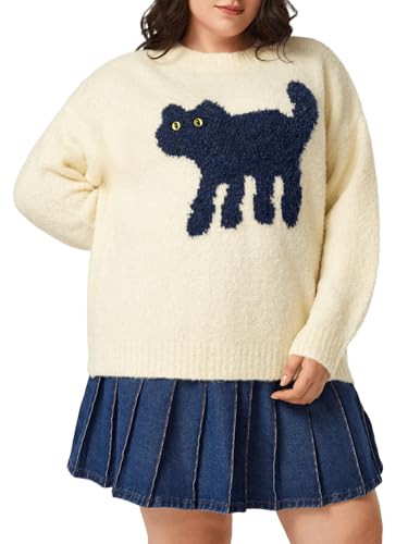 Women’s Cat Sweater Long Sleeve Crew Neck Fun Graphic Cute Patterned Pullover Sweater Tops