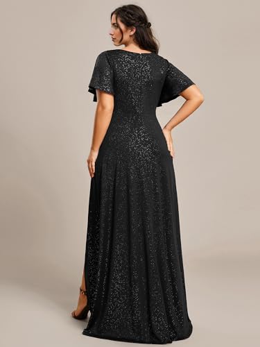 Women's Glitter Stretchy V Neck A-line High Low Plus Size Formal Dresses with Ruffles Sleeves 01738-PH