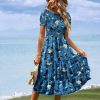 Women's Summer Causal Puff Short Sleeve Smocked Dress Elastic Waist Tiered Midi Dress with Pockets EP2