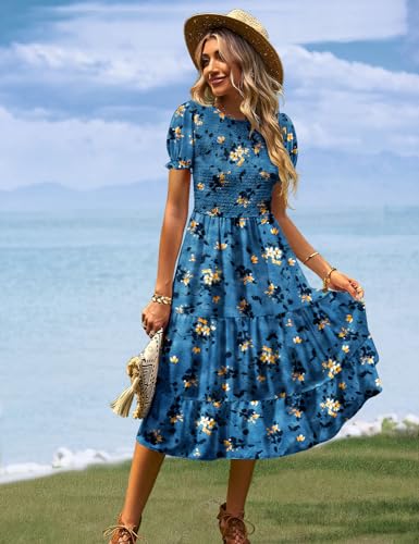 Women's Summer Causal Puff Short Sleeve Smocked Dress Elastic Waist Tiered Midi Dress with Pockets EP2