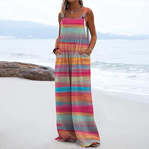 Women's Summer Rompers 2023 Printed Button Up Jumpsuit Casual Loose Sleeveless Rompers with Pockets Rompers