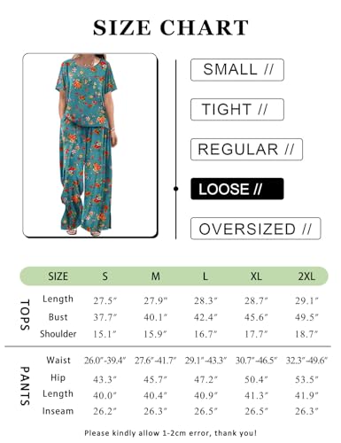 Women's Two Piece Outfits Summer Casual Floral Short Sleeve Slit Wide Leg Pants Set Vacation Airport Clothes CS1