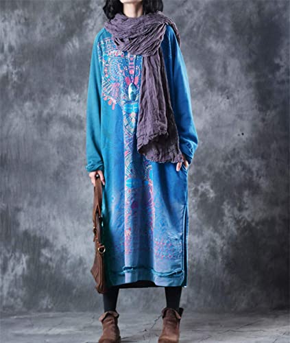 Women Long Loose Fit Sweatshirt Dress Ombre Ethnic Printed 4/5 Sleeve Side Slit with Pockets Tunic Pullover JGP