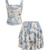 Womens Toile Print Tiered Ruffle Skirt Set Sleeveless