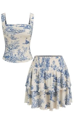 Womens Toile Print Tiered Ruffle Skirt Set Sleeveless