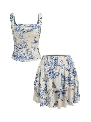 Womens Toile Print Tiered Ruffle Skirt Set Sleeveless