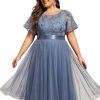 Women's Embroidered Tulle A Line Cocktail Dresses Short Sleeves Midi Plus Size Semi Formal Gowns