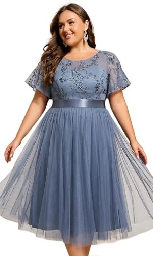 Women's Embroidered Tulle A Line Cocktail Dresses Short Sleeves Midi Plus Size Semi Formal Gowns