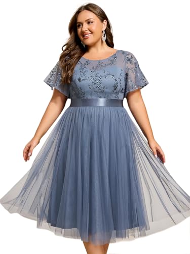 Women's Embroidered Tulle A Line Cocktail Dresses Short Sleeves Midi Plus Size Semi Formal Gowns