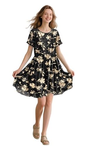 Women's Summer Floral Ruffle Short Sleeve Dresses Casual A Line T Shirt Dress Beach Sundresses with Pockets ESL