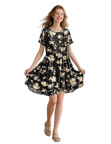 Women's Summer Floral Ruffle Short Sleeve Dresses Casual A Line T Shirt Dress Beach Sundresses with Pockets ESL