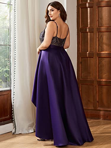 Women's Sleeveless Sequin V-Neck High-Low Satin A-line Summer Plus Size Wedding Guest Dress Formal Gowns 0667-DA