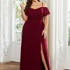 Women's Off Shoulder Ruffles Sleeves Side Slit Chiffon Plus Size Bridesmaid Dresses 00237-DA