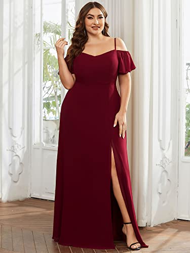 Women's Off Shoulder Ruffles Sleeves Side Slit Chiffon Plus Size Bridesmaid Dresses 00237-DA