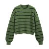 Women’s Cropped Striped Sweater Long Sleeve Crew Neck Trendy Pullover Tops