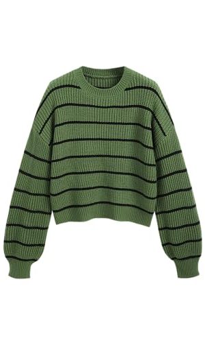 Women’s Cropped Striped Sweater Long Sleeve Crew Neck Trendy Pullover Tops