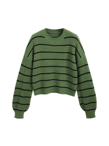 Women’s Cropped Striped Sweater Long Sleeve Crew Neck Trendy Pullover Tops
