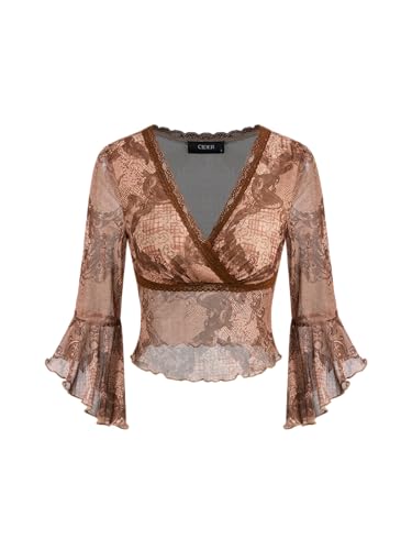 Knit V-Neck Graphic Middle Sleeve Crop Top