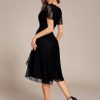 Women's V Neck Short Sleeves Lace A Line Hi-Lo Midi Semi Formal Dress 02489