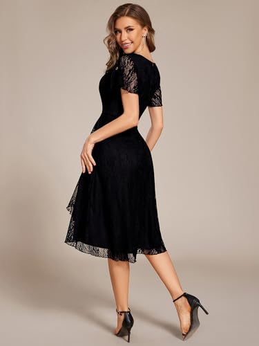 Women's V Neck Short Sleeves Lace A Line Hi-Lo Midi Semi Formal Dress 02489