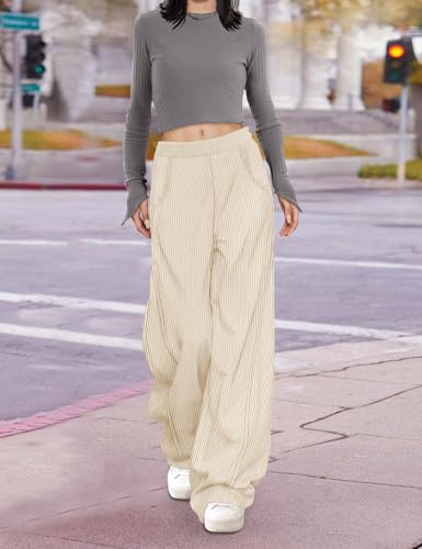 Women's Corduroy Casual Baggy Pants Elastic Waist Wide Leg Trousers with Pockets PCB