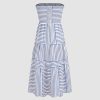 Womens Casual Dresses Strapless Tube Stripped Shirred A Line Blue Beach Vacation Midi Dress Maxi Skirts