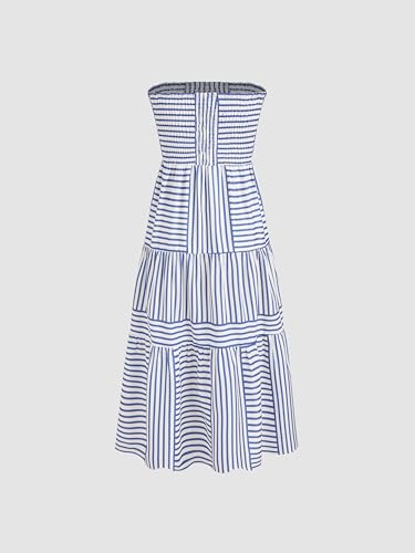 Womens Casual Dresses Strapless Tube Stripped Shirred A Line Blue Beach Vacation Midi Dress Maxi Skirts