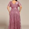 Women's V Neck Embroidered Sequin A Line Ruffles Sleeves Plus Size Evening Dresses Ball Gowns 02314-DA
