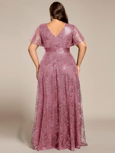 Women's V Neck Embroidered Sequin A Line Ruffles Sleeves Plus Size Evening Dresses Ball Gowns 02314-DA