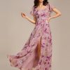 Women's Square Neck Short Sleeves Split Chiffon Floor Length A-Line Maxi Formal Dress 02409