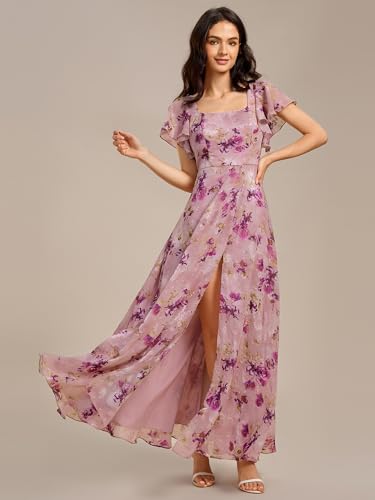 Women's Square Neck Short Sleeves Split Chiffon Floor Length A-Line Maxi Formal Dress 02409