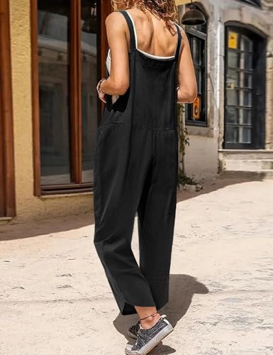 Women Cotton Overalls Casual Loose Adjustable Straps Bib Pants Tulip Hem Baggy Jumpsuits with Pockets PZJ