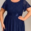 Women's Lace Round Neck Short Sleeves High Low Plus Size Midi Cocktail Wedding Guest Dresses