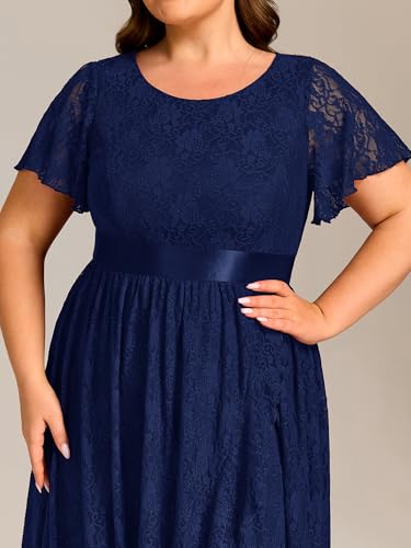 Women's Lace Round Neck Short Sleeves High Low Plus Size Midi Cocktail Wedding Guest Dresses