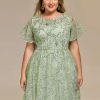 Women's Gorgeous Round Neck A-Line Short Sleeves Midi Sequin Plus Size Formal Wedding Guest Dresses