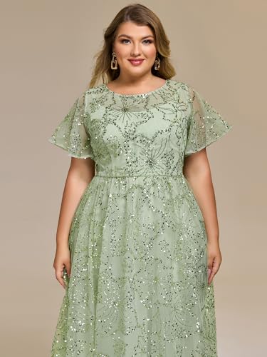 Women's Gorgeous Round Neck A-Line Short Sleeves Midi Sequin Plus Size Formal Wedding Guest Dresses