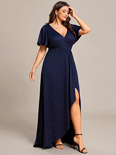 Sparkle V Neck A Line Ruffle Sleeve High Low Glitter Cocktail Wedding Guest Dresses for Curvy Women