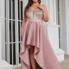 Women's Elegant V Neck Sleeveless High Low A Line Sequin Satin Plus Size Cocktail Formal Dresses