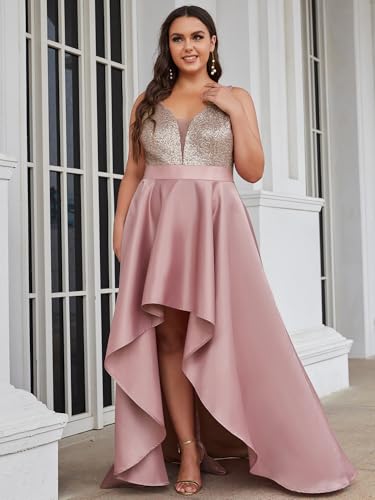 Women's Elegant V Neck Sleeveless High Low A Line Sequin Satin Plus Size Cocktail Formal Dresses