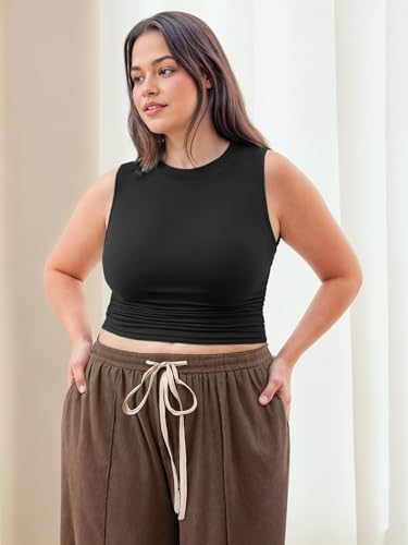 Plus Size Tops for Women Sleeveless Ruched Crew Neck Crop Tank Top Summer Casual Outfits